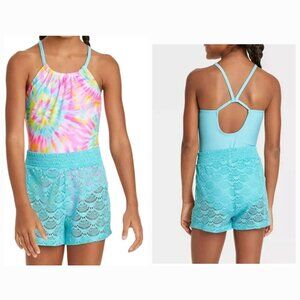 Cat and Jack sz 10 - 12 L girls rainbow tie dye print swimsuit and crochet short